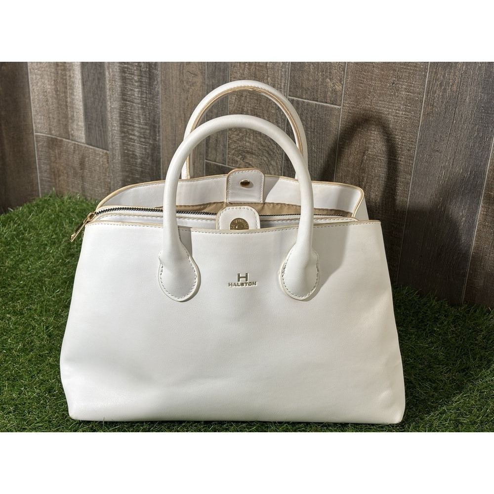 Halston Women's Satchel Handbag White Faux Leather‎ Tote Purse